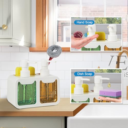 Kitchen Soap Dispenser Set, with Hand and Dish Soap, Sponge Caddy and Brush Holder 4-in-1 Kitchen Dual Soap Dispenser Set for Kitchen Sink, Bathroom - White - color: White
