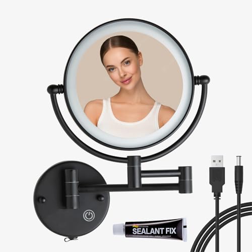 Rechargeable Bathroom Makeup Mirror with Light Wall Mounted, Brass 1/5X 2 Sided Magnifying Mirror with Extension Swing Arm, Touch Dimmable 360 Rotation Foldable Led Vanity Mirror, Matte Black - color: Matt Black