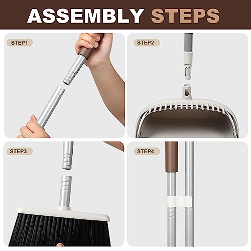 54" Long Handled Broom and Dustpan Set - Perfect Dust Pan and Brush Combo for Efficient Cleaning, Brown and White - color: Brown and White