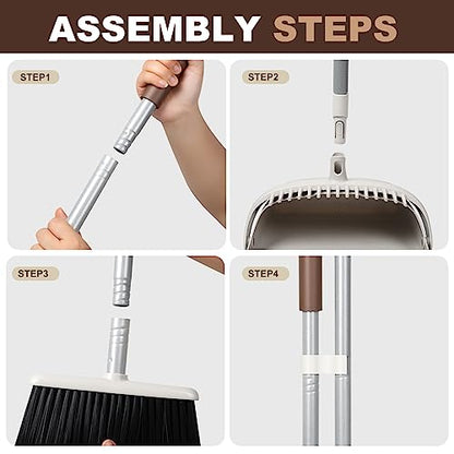 54" Long Handled Broom and Dustpan Set - Perfect Dust Pan and Brush Combo for Efficient Cleaning, Brown and White - color: Brown and White