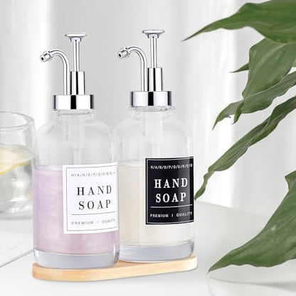 Dish and Hand Soap Dispenser for Kitchen, Glass Soap Dispenser with Pump,Tray,Funnel, Set of 2 Countertop Soap and Lotion Dispenser for Bathroom,Shower,500ml/16.9oz, - color: Ks-5010-34y-2s