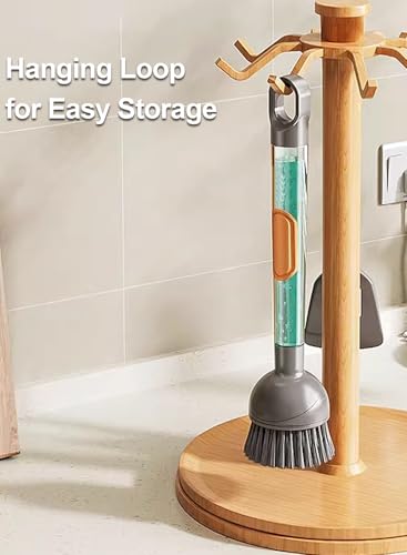 Soap Dispensing Dish Brush with Handle, 360° Rotating Head, 5-Piece Kitchen Cleaning Set (2 Brush Heads & 3 Sponges), Non-Scratch Scrubber for Pot, Pan, Sink, Leak-Proof Dishwand, Grey