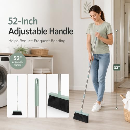 Broom and Dustpan Set, 52-Inch Adjustable Long Handle with Self-Cleaning Comb Teeth, Flexible TPR Lip and Foot-Assisted Fold-Up Dustpan for Pet Hair, Dust, Crumbs and Hard Floors, Green - color: Green