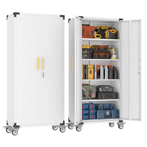 pozdeg Metal Garage Storage Cabinet with Wheels, 71" Tall Rolling Tool Cabinet with Lock and 4 Adjustable Shelves, Lockable File Cabinets for Garage, Home, Office (White) ﻿ - color: White, size: 71"H - Shelves