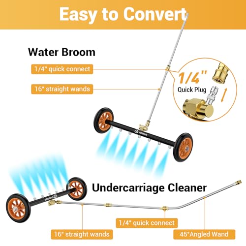 VIGRUE 2-in-1 Undercarriage Pressure Washer Attachment,24 Inch Pressure Washer Water Broom with 7 Nozzles, Under Car Washer Cleaner with 3 Pieces Extension Wand,4000 PSI,Orange