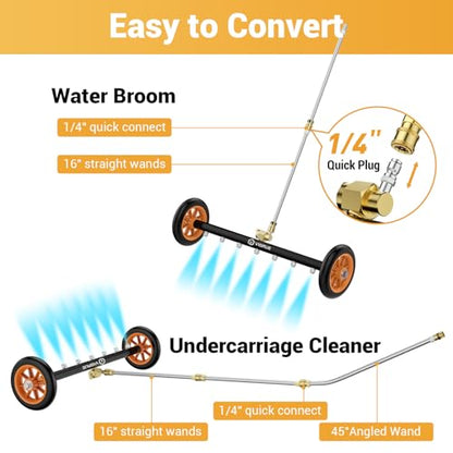 VIGRUE 2-in-1 Undercarriage Pressure Washer Attachment,24 Inch Pressure Washer Water Broom with 7 Nozzles, Under Car Washer Cleaner with 3 Pieces Extension Wand,4000 PSI,Orange
