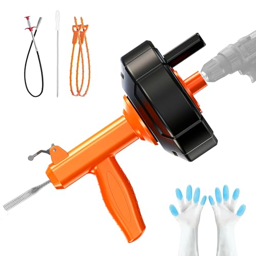 Drain Snake, Auto Feed Plumbing Snake with Drill Attachment, 25 Feet Flexible Drain Auger Tool Set Included Drain Clog Remover, Hair Clog Remover ＆ Cleaning Brush | for Kitchen, Bathroom and Shower Sink with Gloves - color: Orange