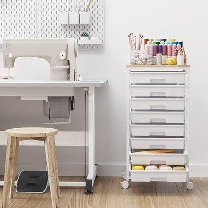 Storage Cart with 8 Drawers, Utility Cart with White Drawers and Wooden Tabletop, Craft Cart, Teacher Organization for Classroom,White - color: White