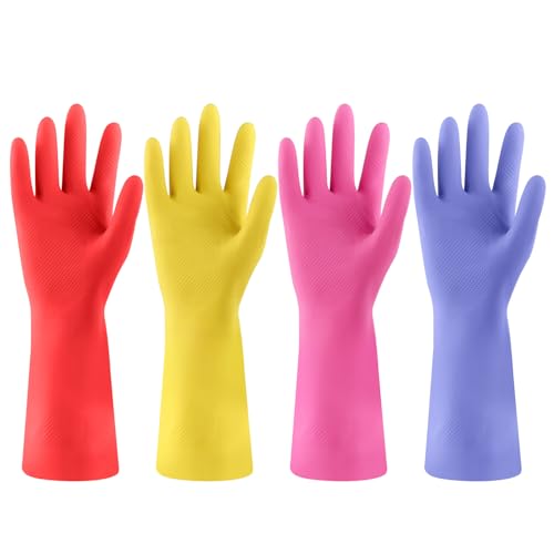 Rubber Kitchen Dishwashing Gloves - 4 Pairs Colorful Reusable Cleaning Gloves for Kitchen Washing Dishes and Household Cleaning(XL, Blue+Pink+Yellow+Red) - color: Red,yellow,blue,pink, size: X-Large (Pack of 4)