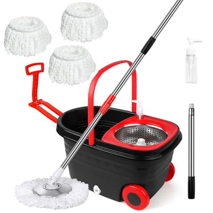 Spin Mop and Bucket with Wringer Set, Stainless Steel 360 Spinning Mop Bucket with 2X Round Wheels for Home Cleaning System with Dual Mop Heads Self Wringing Red Big Bucket 25QT (Black & Red)
