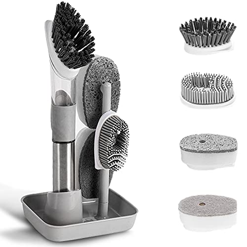 4-in-1 Dish Cleaning Brush Soap Dispensing Dish Brush Set with 4 Replacement Heads and Storage Holder, Kitchen Scrub Brush for Dish Pot Pan Sink Cleaning (Grey) - color: Gray