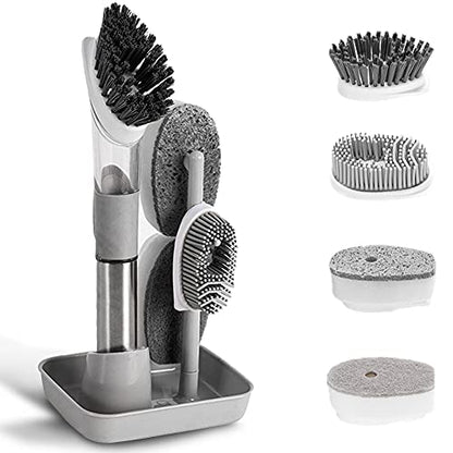 4-in-1 Dish Cleaning Brush Soap Dispensing Dish Brush Set with 4 Replacement Heads and Storage Holder, Kitchen Scrub Brush for Dish Pot Pan Sink Cleaning (Grey) - color: Gray