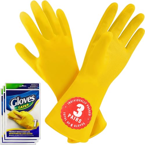 SteadMax 3/6 Pairs Cleaning Gloves, Reusable Natural Rubber Dish Gloves, Non-Slip Gloves for Kitchen and Household - color: 3 Pack (L)