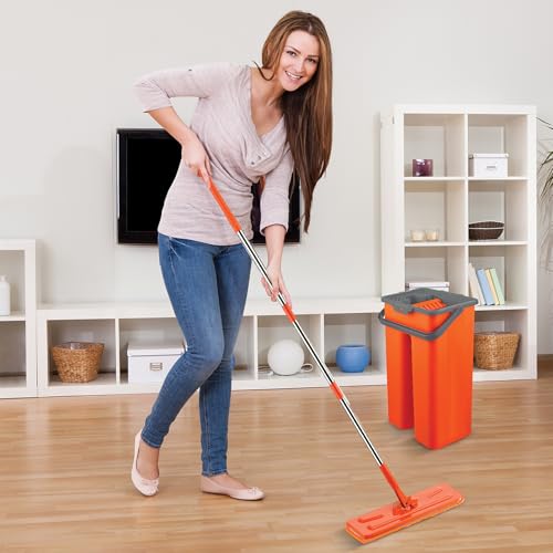 Macromax Flat Mop and Bucket Set with 9 Refills – 100% Microfiber Mop with Dual Wet & Dry Use – Slim Design for Corners & Under Furniture – Easy-Squeeze Bucket for Hardwood, Tile & Laminate Floors - style: Flat Mop set + 9 Refill