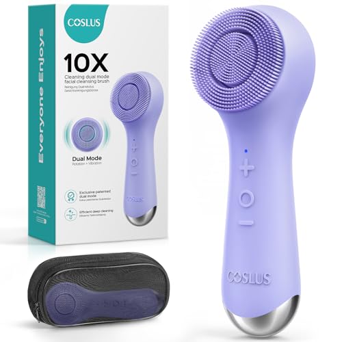 COSLUS Face Scrubber Facial Cleansing Brush: 2 in 1 Spin and Vibration Patented Tech, Silicone Electric Exfoliator Scrubber with Automatic Foaming, Waterproof Face Cleanser Brush for Men (Purple) - color: Purple