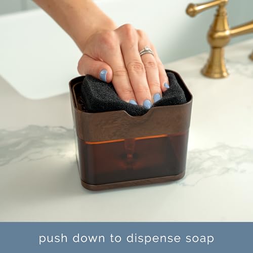 S&T INC. Dish Soap Dispenser and Sponge Holder for Kitchen Sink, Waterproof Labels and Sponge Included, 13 Ounces, Plastic, Walnut and Amber - color: Walnut and Amber