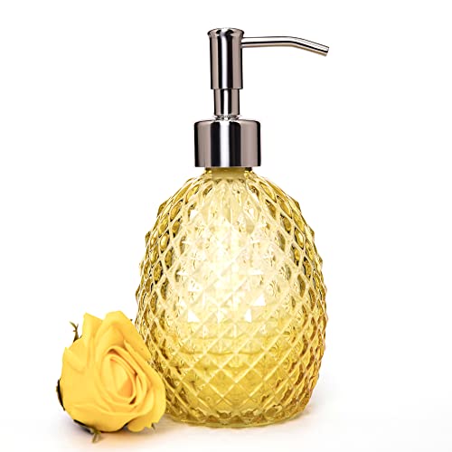 Glass Soap Dispenser with Stainless Steel Pump, 12oz Clear Dish Soap/Hand Soap/Laundry Soap/Lotion Dispenser, Refillable Liquid Dispenser for Bathroom Kitchen Shower (Yellow) - color: Yellow