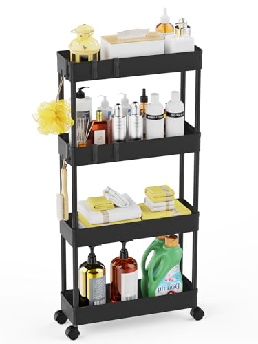 LEHOM 5.1Inch Slim Storage Cart - 4 Tiers Bathroom Organizer Mobile Shelving Unit Storage Rolling Utility Cart Slide Out Organizer for Kitchen Bathroom Laundry Narrow Places, Black U4 - color: Black, size: 5.1"W x 15"D x 36"H