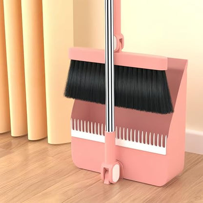 Broom and Dustpan Set, Long Handle Standing Broom with Self-Cleaning Comb Teeth, Heavy Duty Broom Dustpan Combo for Home Kitchen Office Floor Pet Hair Cleaning (Pink) - color: Pink
