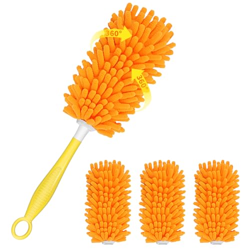 SetSail Dusters for Cleaning Compatible with Swiffer Small Microfiber Duster Refills 4pcs Reusable Duster Refill with 1 Handle Washable Duster Cleaner Kit for Furniture, Car Interior, Blind - color: Orange