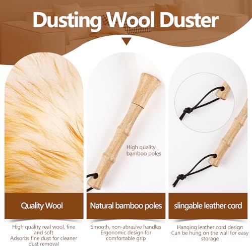 Lambswool Duster for Cleaning with Solid Wooden Handle Leather Hang Strap 14.9 inch Natural Feather Duster for Cleaning Ceiling Fans Window Blinds Computer Furniture(2 Pack) - size: 14.9Inch