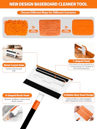 4-in-1 Baseboard Cleaning Tool with Extendable Handle 5 Reusable Pads 1 Carpet Rake Stiff Bristle Brush Multi-Surface Baseboard Brush for Cleaning Baseboard Wall Carpet Floor Bathroom Kitchen Pet Hair