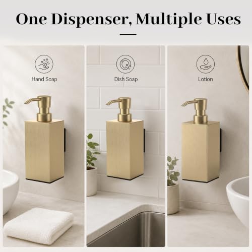 BGL Brushed Gold Wall Mounted Soap Dispenser, Aluminum Liquid Hand Soap Pump for Bathroom and Kitchen Sink, Screw Mount Refillable Soap Bottle, Manual Liquid Soap Dispenser - color: Brushed Gold-wall Mount