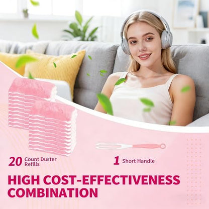 Pink Duster Refill for Swiffer Duster, 20 Count Heavy Duty Duster Refills Kit with 1 Handle for Cleaning Dusting Furniture Blind Ceiling Fan, 360 Disposable Duster Refills Feather Duster - color: 20 Count & 1 Handle (Pink)