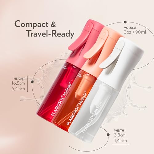 FLAIROSOL MyStyle, Spray Bottle for Hair- 3 Pack Small Travel Spray Bottle, Ultra Fine Continuous Water Mist for Face, Hairstyling, Salon, Cleaning, Beauty, Toners, Hydration & Makeup, 3.04oz / 90ml - color: Peach, Pink, White, style: 3 Pack