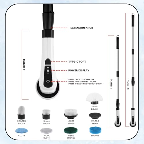 Electric Spin Scrubber, Cordless Cleaning Brush with 8 Replaceable Heads, Adjustable Handle, Dual Speed Power Scrubber for Bathroom, Bathtub, Floor, Tile, and Kitchen Cleaning