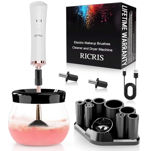 RICRIS Premium Makeup Brush Cleaner Dryer Super-Fast Electric Brush Cleaner Machine Automatic Brush Cleaner Spinner Makeup Brush Tools (White) - color: White