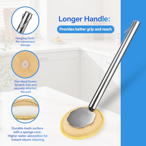 Kitchen Cleaning Brush with Handle, Non-Scratch Preserve Seasoning for Wok, Cast Iron Skillet, Pans, Oven Racks, Air Fryer, Jars - Stainless Steel Handle