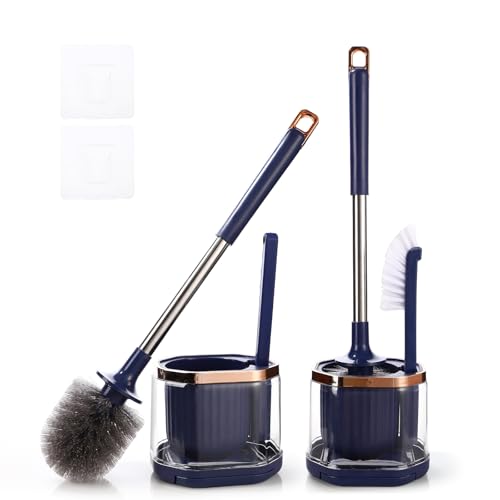Toilet Bowl Brush and Holder 2 Pack Long Handled Toilet Brush Set for Bathroom with Gap Cleaning Brush and Clip deep Cleaning Wall-Mounted Household 3-in-1 Cleaning Brush Set （Blue）