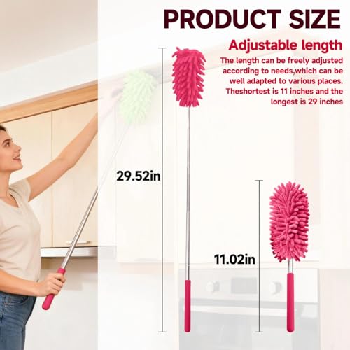 Extendable Microfiber Duster, Telescoping Dusting Brush for Home and Car Cleaning, Adjustable Length, Soft and Flexible - color: Elongated Rose Red