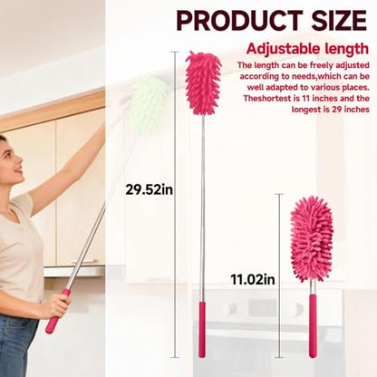 Extendable Microfiber Duster, Telescoping Dusting Brush for Home and Car Cleaning, Adjustable Length, Soft and Flexible - color: Elongated Rose Red