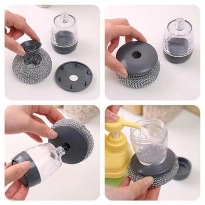 Soap Dispensing Dish Brush Cleaning Steel Wool Scrubber for Dishes Pans Kitchen Sink Bathtub Tile and Household