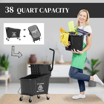 38 Quart Mop Bucket with Down Press Wringer on Wheels, Rolling Floor Cleaning Bucket with Handle, Commercial Cleaning System (Yellow) (Black) - color: Black