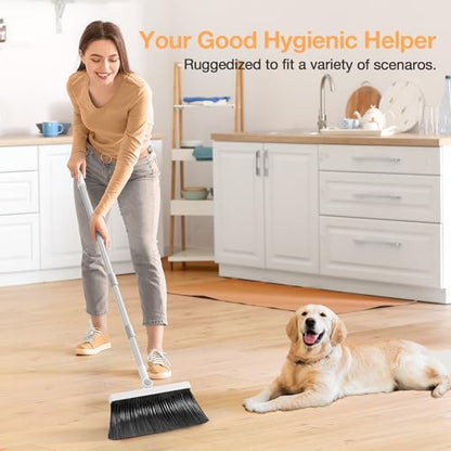 Broom with Dustpan Combo Set,UOEOS One-Sweep Clean,Pet Hair Removal Broom with Self-Cleaning Double-Layer Teeth,High Density Broom and Windproof Dustpan for Indoor&Outdoor - color: Gray