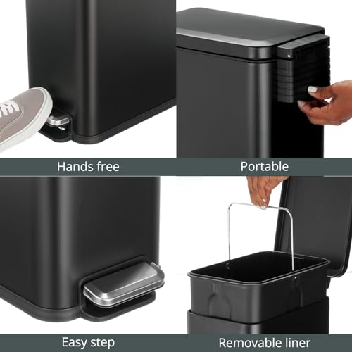 mDesign Slim Metal Rectangle 7.9 Gallon Trash Can with Step Pedal, Easy-Close Lid, Removable Liner - Narrow Wastebasket Garbage Container Bin for Bathroom, Bedroom, Kitchen, Office - Black - color: Black, size: 7.9 Gallon