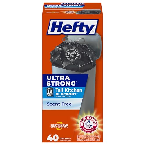 Hefty Ultra Strong 13 Gallon Trash Bags, Black Tall Kitchen Trash Bags 13 Gallon Size, Break Resistant Drawstring Enclosure, Continuous Odor Control, Blackout, Unscented, 40 Bags - size: 40 Count (Pack of 1)