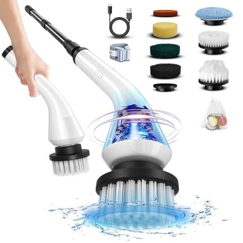 Electric Spin Scrubber - Cordless Cleaning Brush with 8 Replaceable Brush Heads and Adjustable Extension Handle, Power Dual Speed Shower Cleaning Scrubber for Bathroom, Tub, Tile, Floor, etc (White)