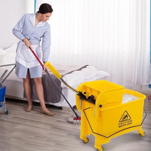 Commercial Mop Bucket with Wheels 20L Gallon, Side Press Wringer Combo Mop Bucket, Combo Cart Set for Restaurant Home Floor Cleaning Use