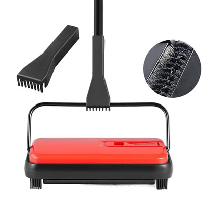 VEVOR Carpet Sweeper Manual, Floor Sweeper with 300 ml Dustbin Capacity Easy to Empty, 6.7 inch Cleaning Width for Home Office Carpets Pet Hair Dust, Red - color: Red