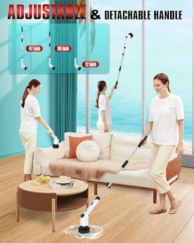 Electric Spin Scrubber, 2024 Upgrade Cordless Shower Scrubber with Power Display Screen Extension Handle, 8 Brush Heads 3 Adjustable Speeds 420 RPM, Power Cleaning Brush for Bathroom Tub Grout Bathtub