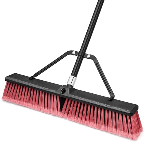 TidyBliss 24” Push Broom Outdoor Heavy Duty, Large Commercial Stiff Bristle Brush with 63 inches Long Handle for Garage Shop Garden Yard Patio Deck Street Warehouse Lawn Driveway (Red) - color: Red