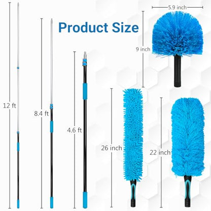 20FT High Ceiling Fan Duster with 5-12FT Extension Pole, Extendable Reusable Cobweb and Bendable Feather Duster Kit for Cleaning Spiderweb and Dust