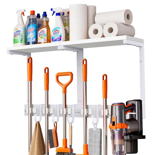 Broom Holder Wall Mount with Top Wooden Shelf, Heavy Duty Metal Cleaning Supplies Broom Hanger with Vacuum Organizer and 5 Slots & 5 Hooks for Laundry Garage Tool Storage Kitchen (Large, White) - color: White, size: Large