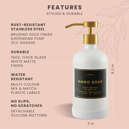 Hand and Dish Soap Dispenser for Kitchen and Bathroom, Set of 2 16 Oz Glass Bottles, Stainless Steel Pumps, Non-Slip Silicone Base, 27 Waterproof Labels (Matte White Bottle/Brushed Gold Pump) - color: Matte White Bottle / Brushed Gold Pump