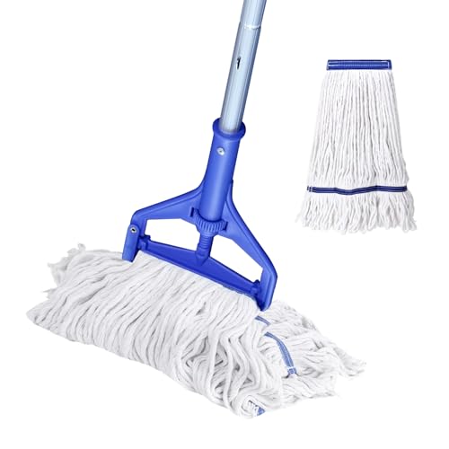 Heavy Duty Loop-End String Mop - Commercial Industrial Mop with Extra Replacement Heads, 59" Long Handle for Garage Workshop Warehouse Floor Cleaning - Effortless & Durable