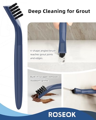 ROSEOK Grout Cleaner Brush Set, Detail Cleaning Brush Set, Crevice Scrub Brushes for Tile, Sink, Corners, Drains, Crevice Cleaning, Deep Clean Brush Set for Edge, Blue